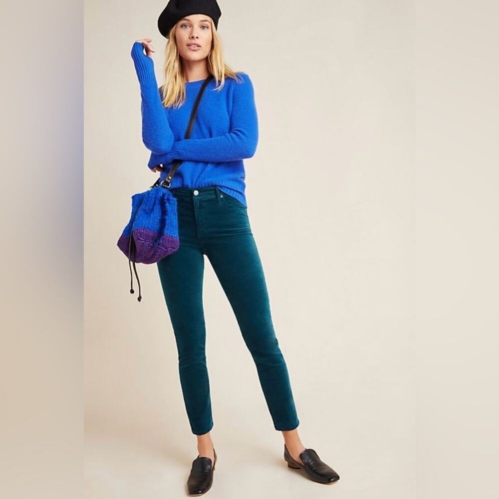 Anthropologie x AG Velvet Teal High Rise Slim Straight Stevie Ankle Pants Sz 26